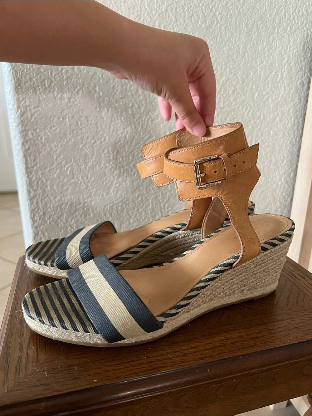 Coach Helen Espadrille Wedge Sandals in Navy & Cream